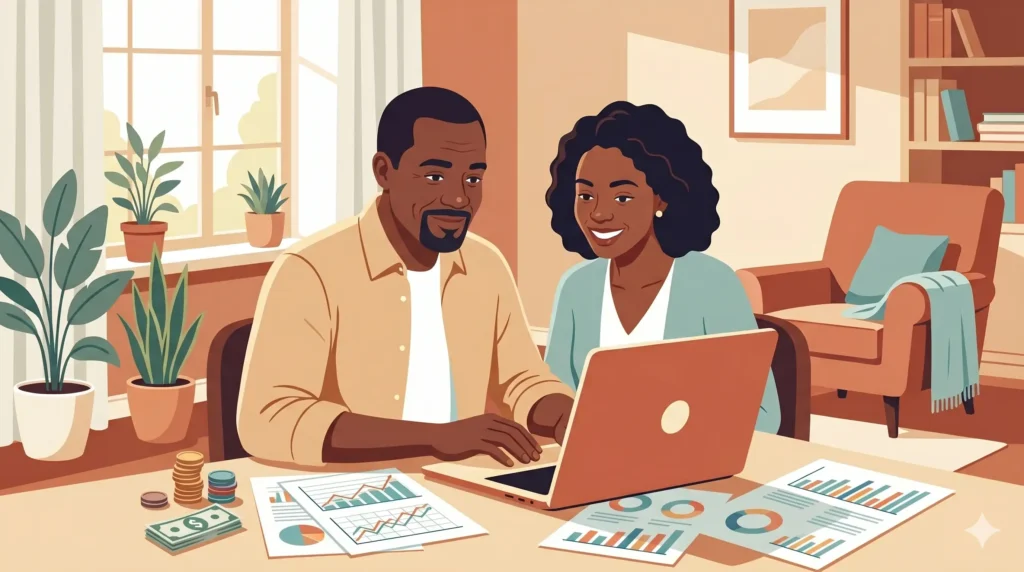 investing basics for beginners guide showing couple reviewing investment options at home