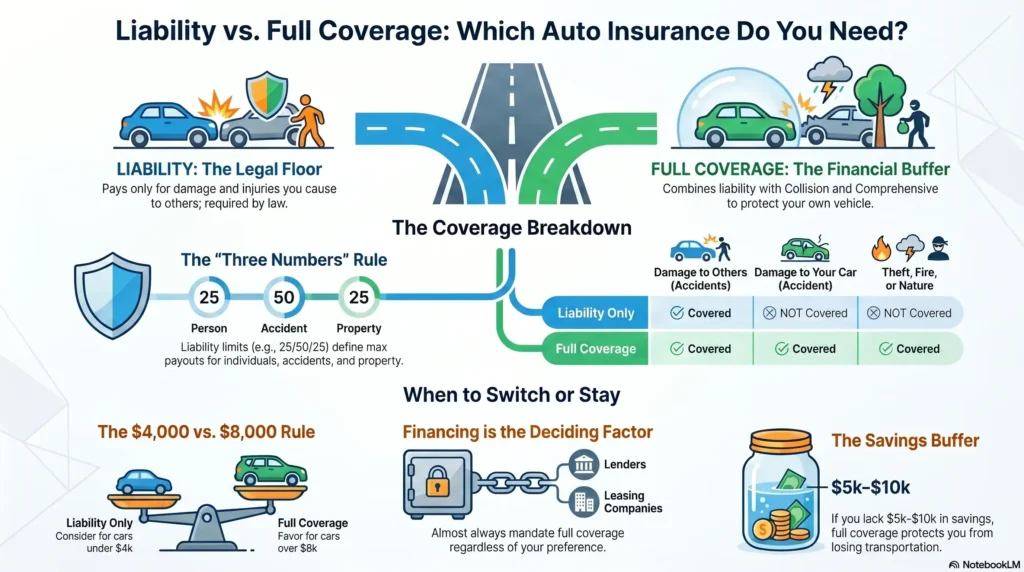 liability vs full coverage auto insurance comparison chart showing coverage types deductibles and when to choose each option