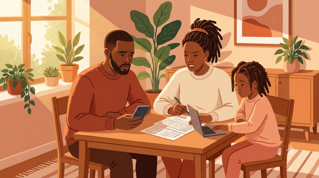 Black family reviewing financial scam warning signs together at home
