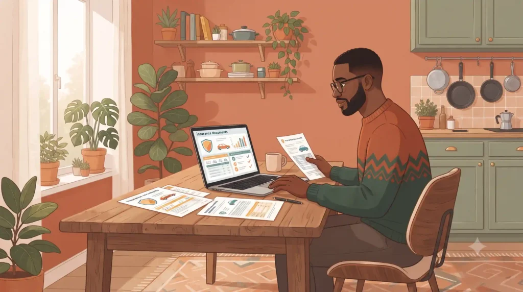 Black man comparing car insurance quotes on a laptop at home