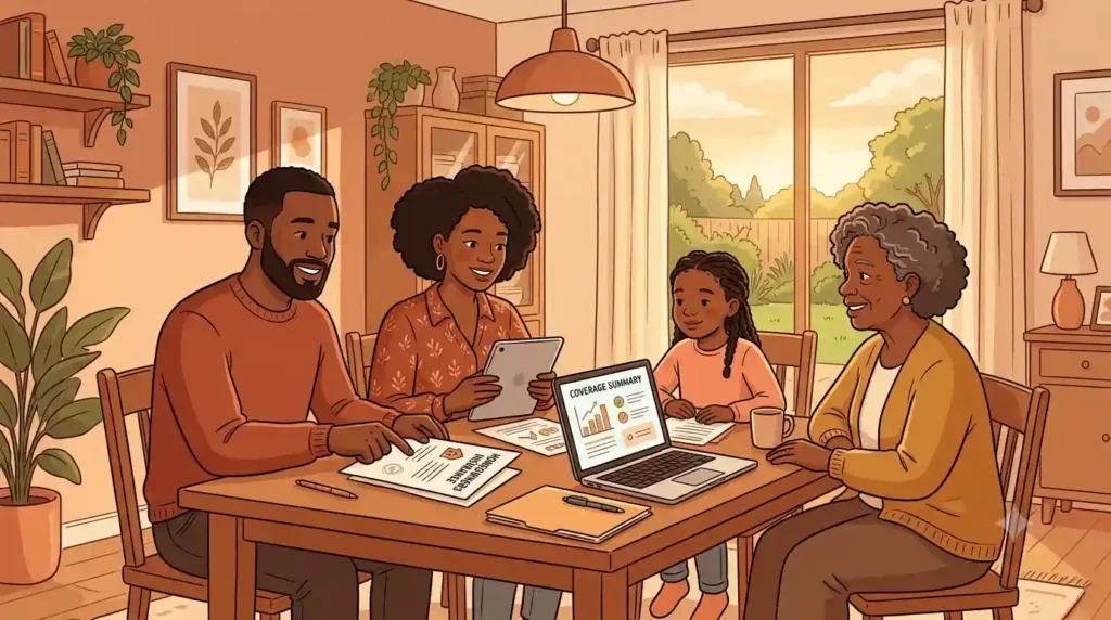 Black family reviewing umbrella insurance policy documents at the kitchen table