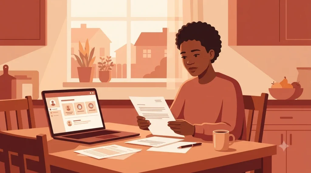 Black homeowner reviewing a denied home insurance claim letter at the kitchen table