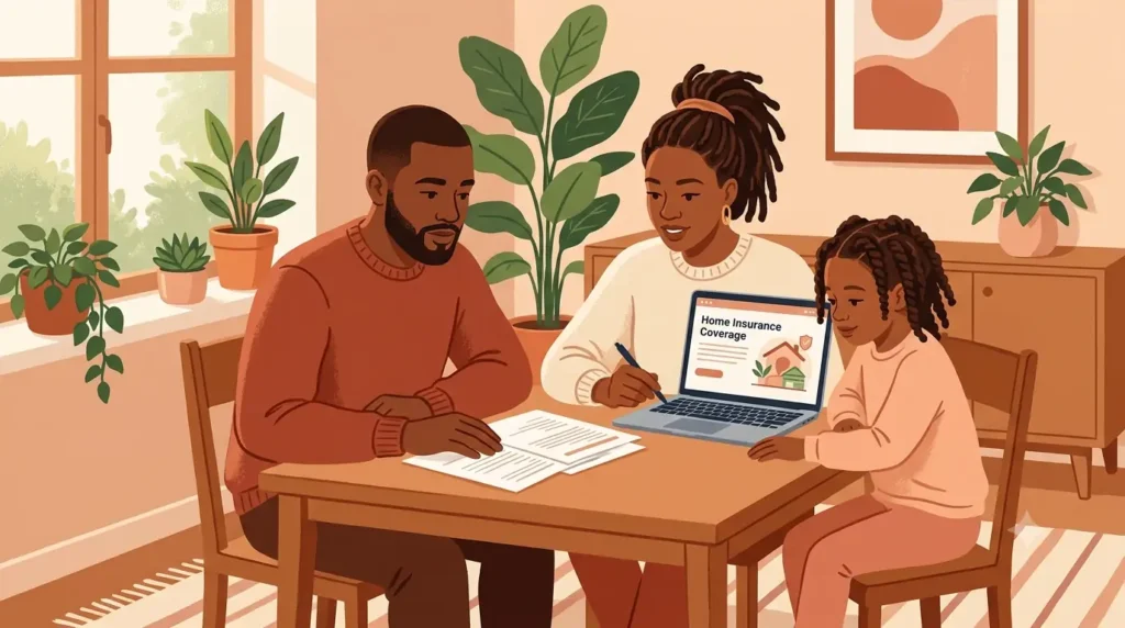 Black family reviewing home insurance coverage options together at home