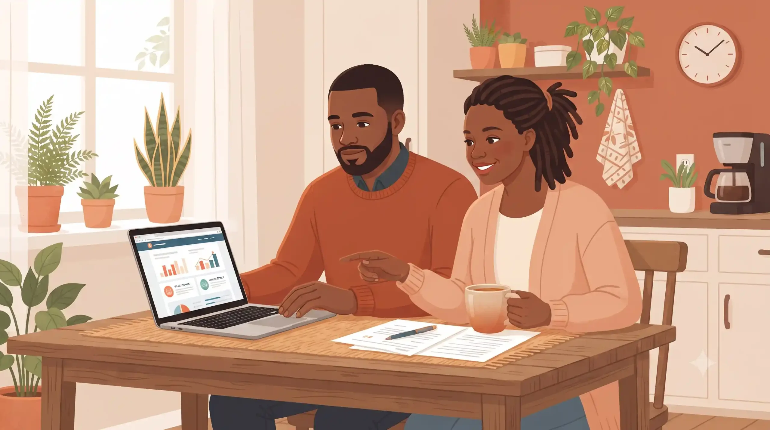 Black couple reviewing auto insurance options on a laptop at home