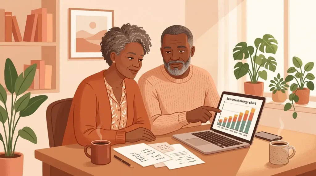 Black couple reviewing retirement savings plan together at home