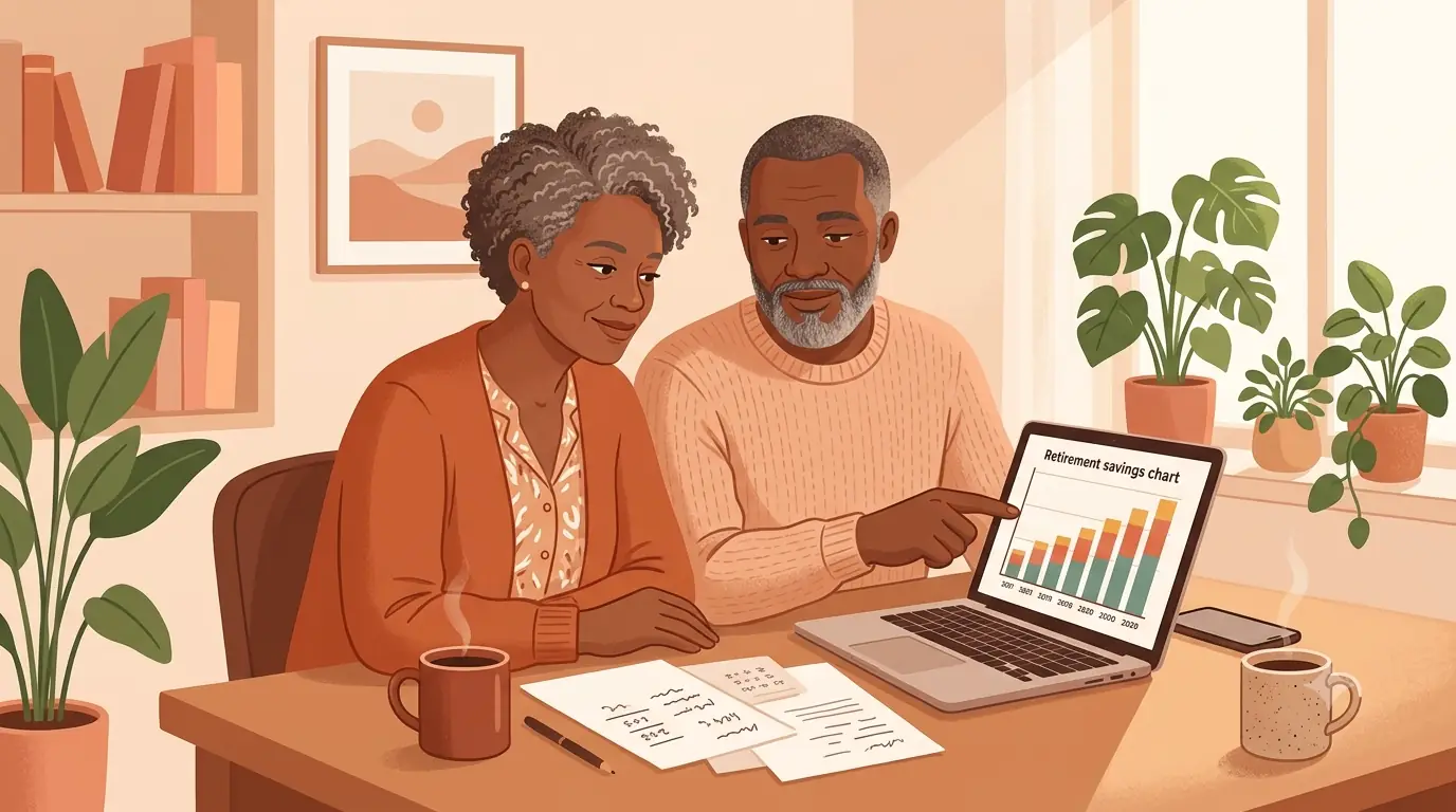 Black couple reviewing retirement savings plan together at home
