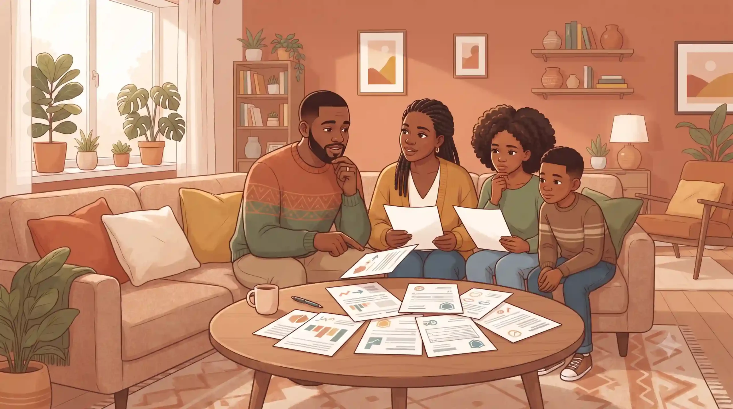 Black family reviewing insurance coverage options together at home
