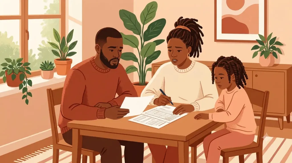 Black family reviewing a life insurance policy document together at home