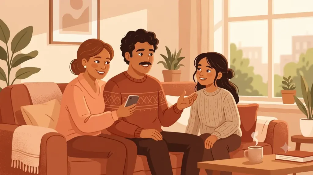 Latino family discussing household budget and savings on the living room couch