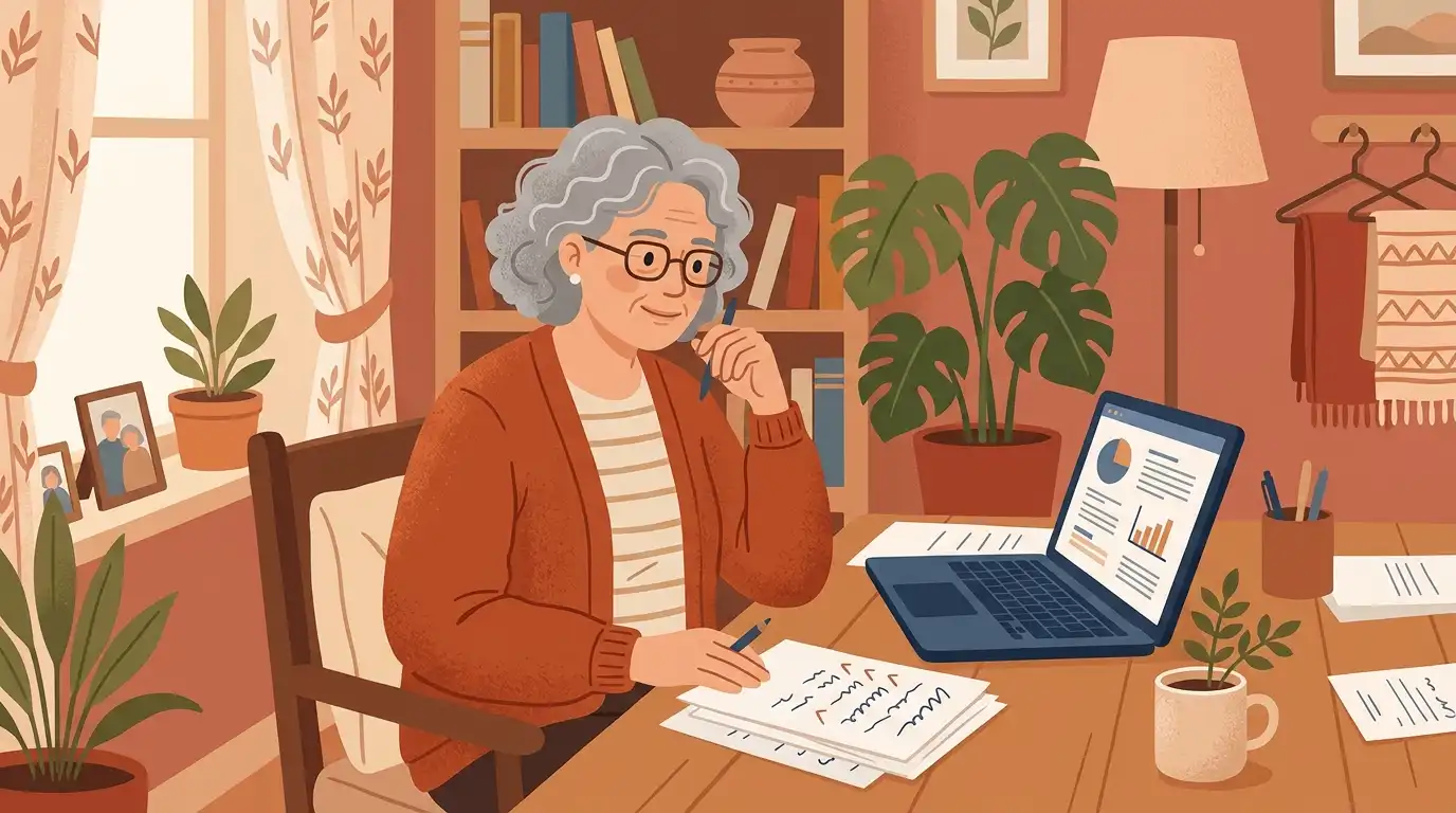 senior reviewing life insurance options at home with a laptop