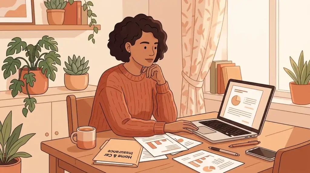 person reviewing life insurance paperwork and laptop at home