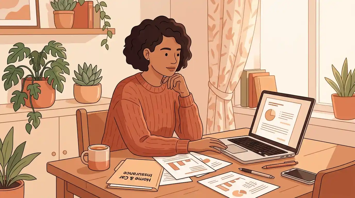 person reviewing life insurance paperwork and laptop at home