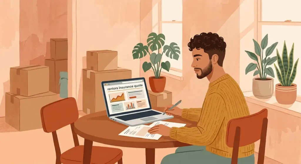 Hispanic male reviewing renters insurance documents at her kitchen table.