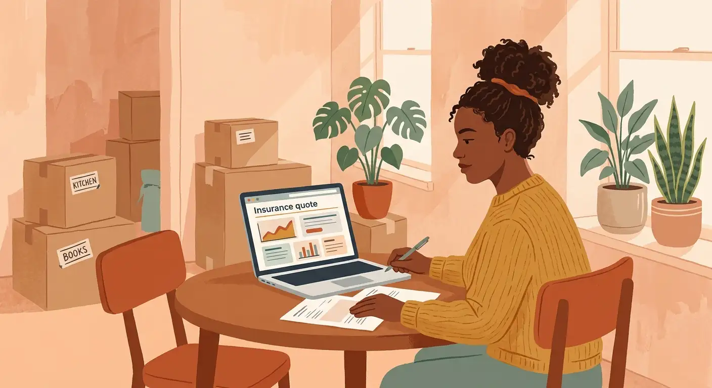 Black woman reviewing renters insurance documents at her kitchen table