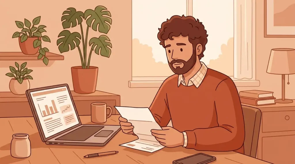 person reviewing a life insurance bill and laptop at home