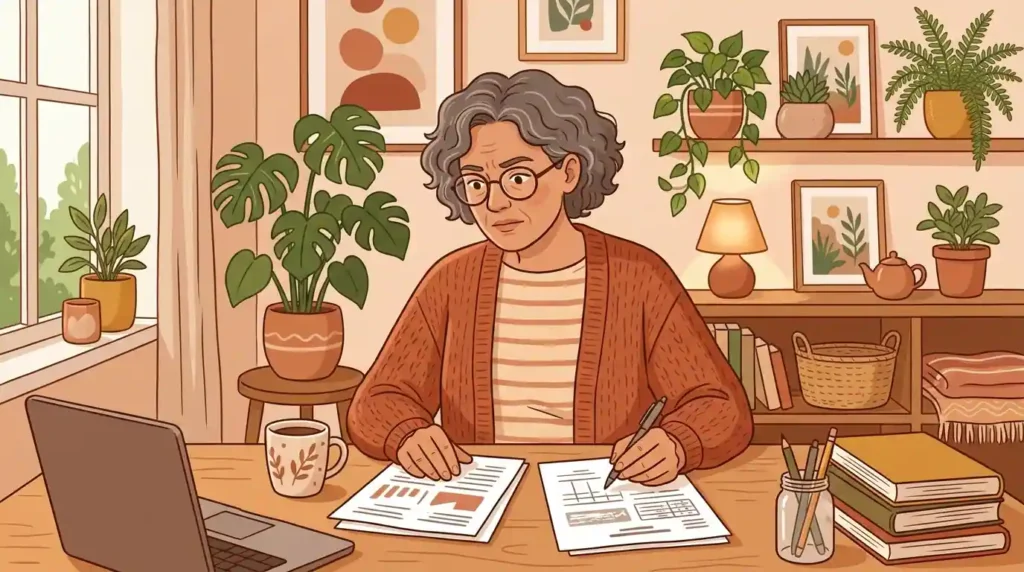 adult in their 50s comparing life insurance paperwork at home