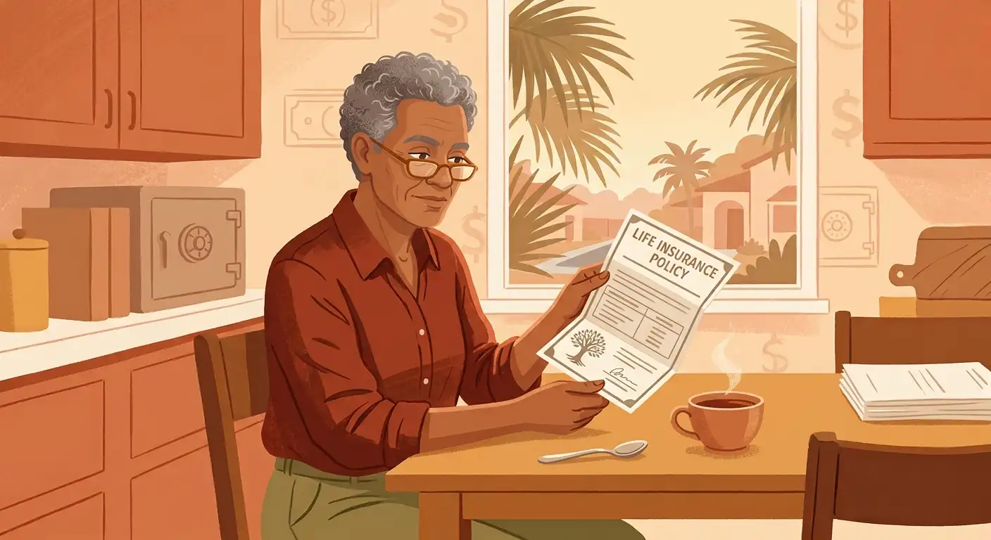 Senior reviewing life insurance policy document at home