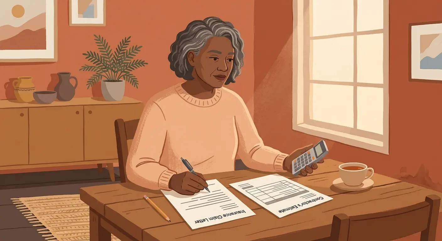 Homeowner reviewing insurance claim paperwork and contractor estimate at home